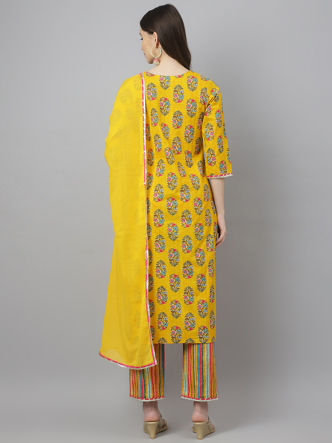 Ladies Suits - Cotton Ethnic Kurta Set With Pant & Dupatta, Sizes S To Xxl, Multi Color Yellow & Red, Full Sleeves, Printed Design, Quick Dry, Washable