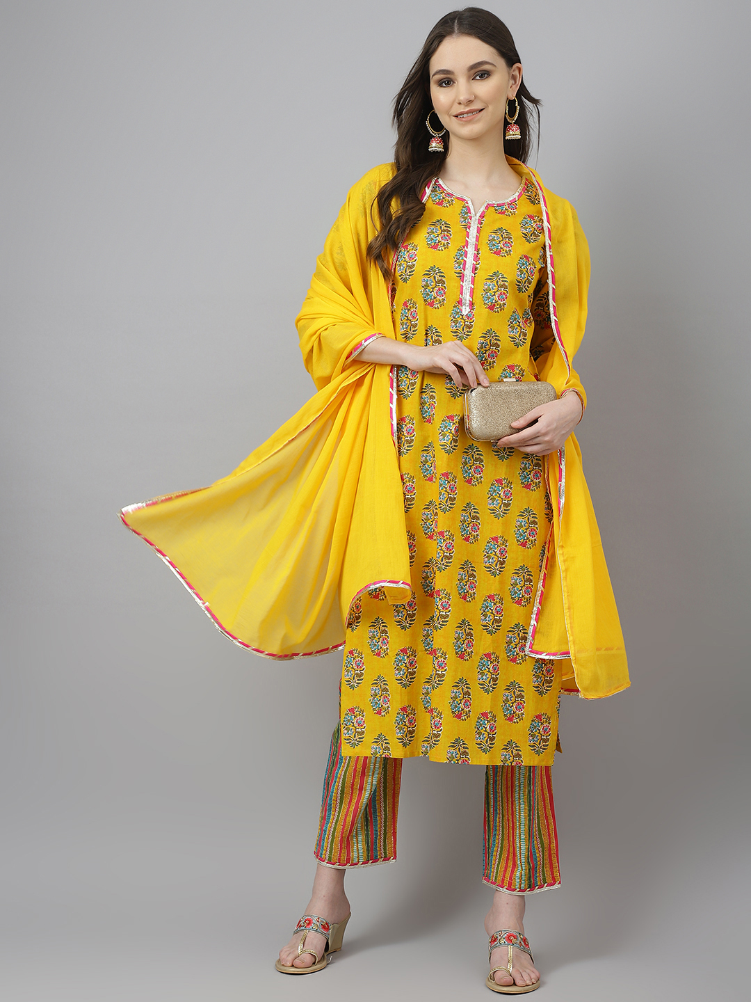 Ladies Suits - Cotton Ethnic Kurta Set With Pant & Dupatta, Sizes S To Xxl, Multi Color Yellow & Red, Full Sleeves, Printed Design, Quick Dry, Washable