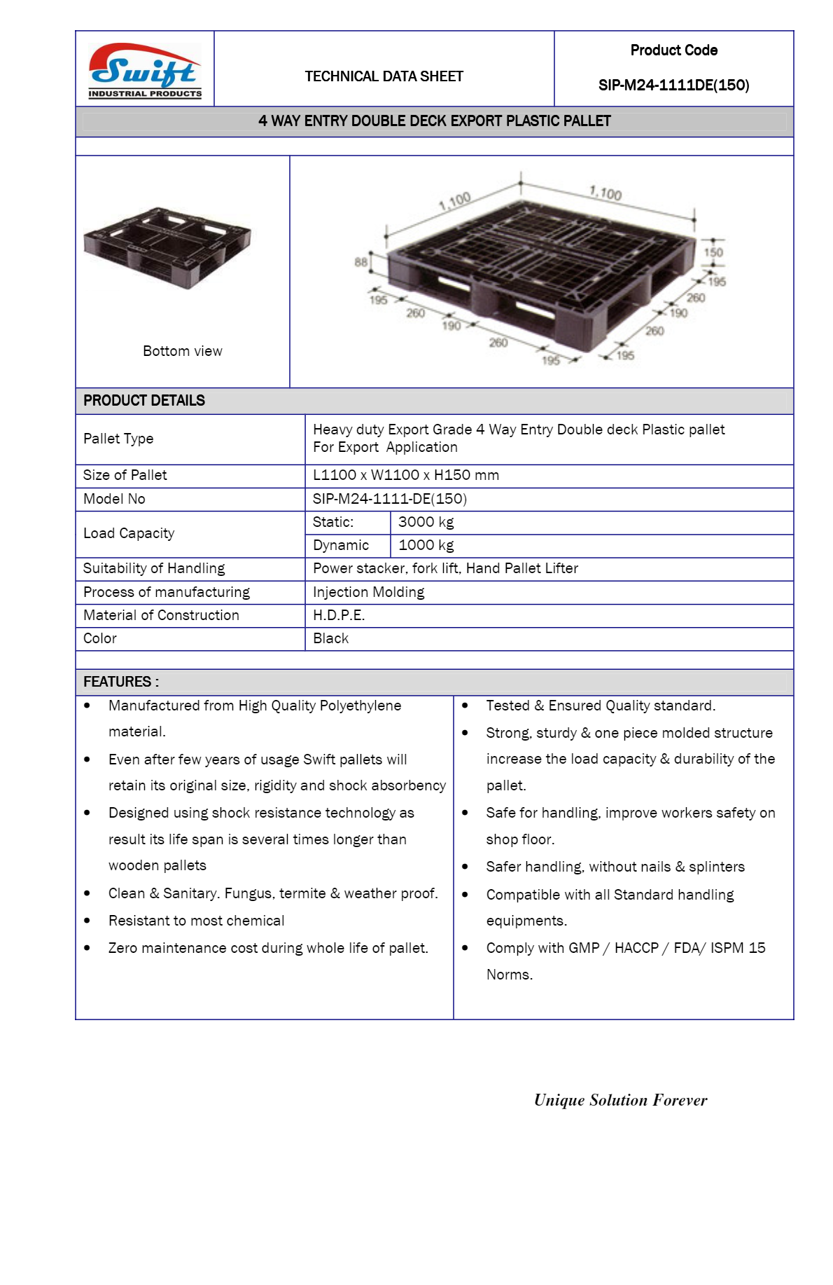 Shipping Plastic Pallet - Hdpe, 1100x1100x150 Mm, Double Deck, Gray/green/blue/black/white | 4-way Entry, Dynamic Load 1000 Kg, Static Load 3000 Kg, Perforated Design