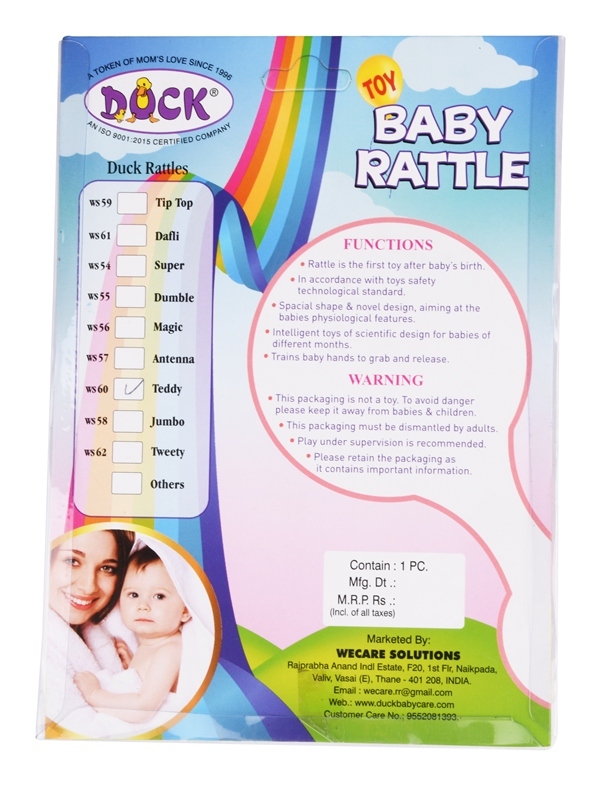 Baby Teddy Rattle - Polystyrene, 0-12 Months, Multicolor (Blue, Purple, Pink) | Enhances Eye-hand Coordination, Lightweight, Easy To Grasp