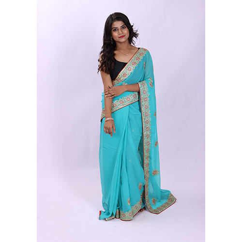 Cotton Sky Blue Designer Fancy Saree