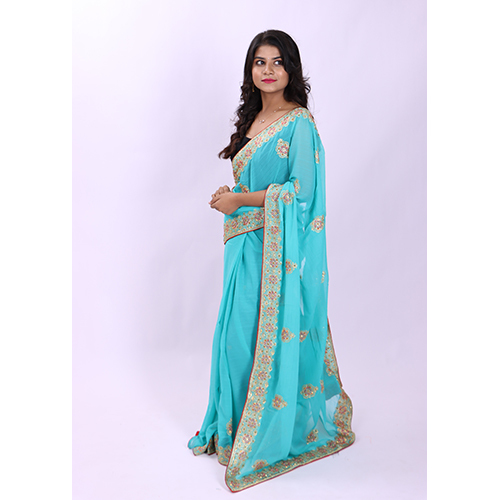 Cotton Sky Blue Designer Fancy Saree