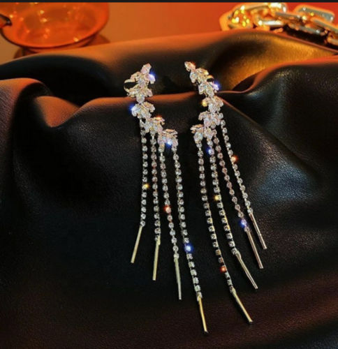 Gold Electroplated Rhinrstone Studded Tassel Earbone Clip Long Earrings