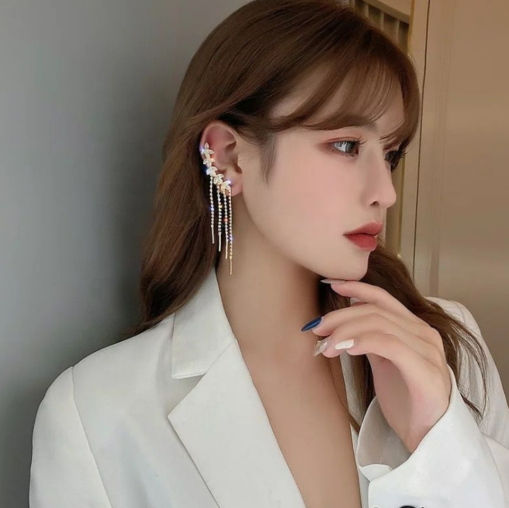 Gold Electroplated Rhinestone Studded Tassel Earbone Clip Long Earrings - Gold Plated Alloy, 80-100mm Length | Elegant Design, Glamorous Look, Stylish Accessory For Special Occasions