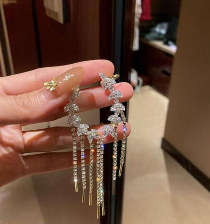 Gold Electroplated Rhinestone Studded Tassel Earbone Clip Long Earrings - Gold Plated Alloy, 80-100mm Length | Elegant Design, Glamorous Look, Stylish Accessory For Special Occasions