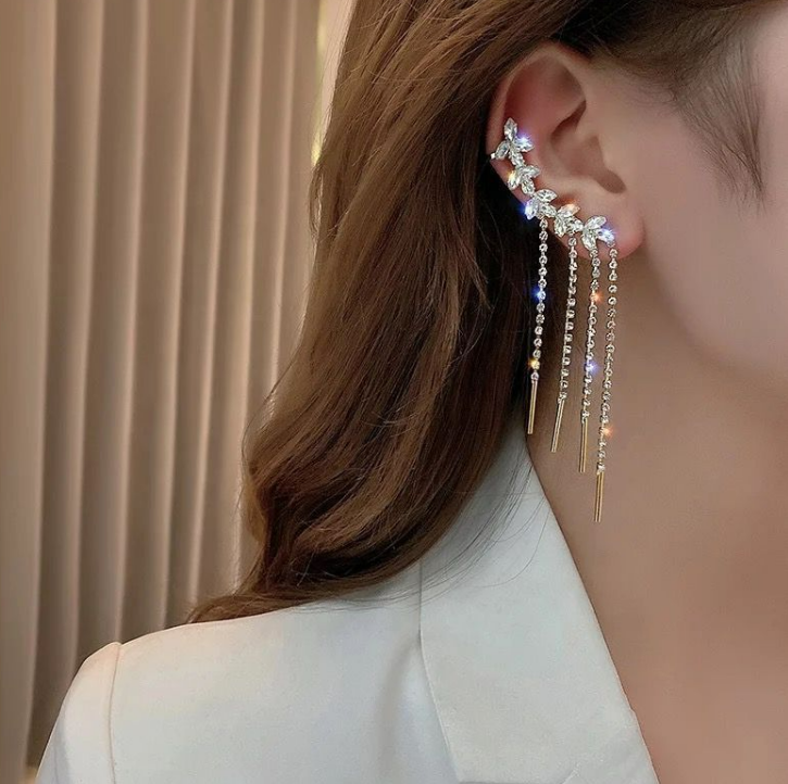 Gold Electroplated Rhinestone Studded Tassel Earbone Clip Long Earrings - Gold Plated Alloy, 80-100mm Length | Elegant Design, Glamorous Look, Stylish Accessory For Special Occasions