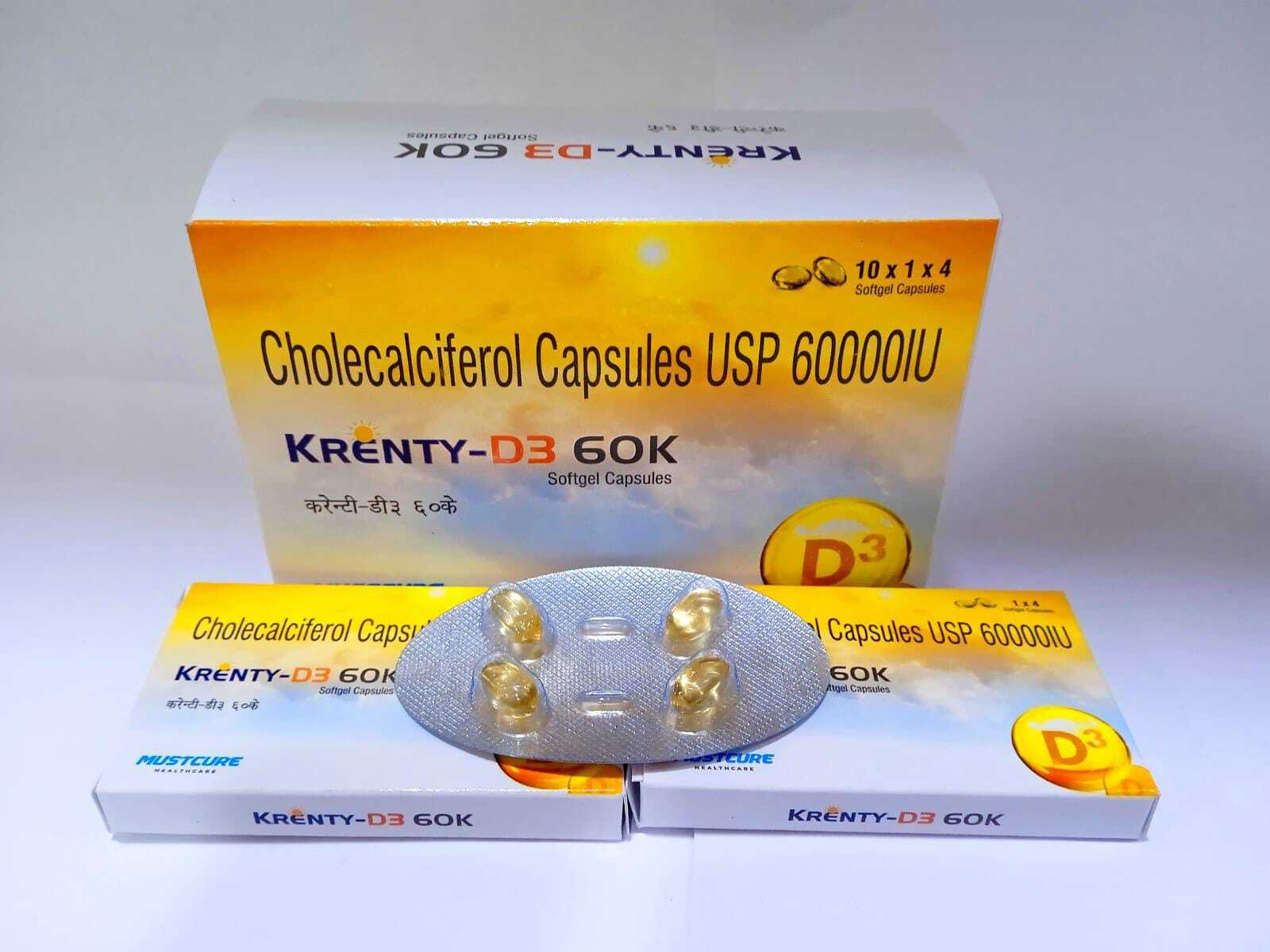 Krenty D360k - Cholecalciferol 60000iu Soft Gelatin Capsule, Supports Calcium Absorption, Aids Vitamin D Deficiency And Osteoporosis Treatment, Recommended Dosage As Per Doctor's Advice, Store In Cool And Dry Place