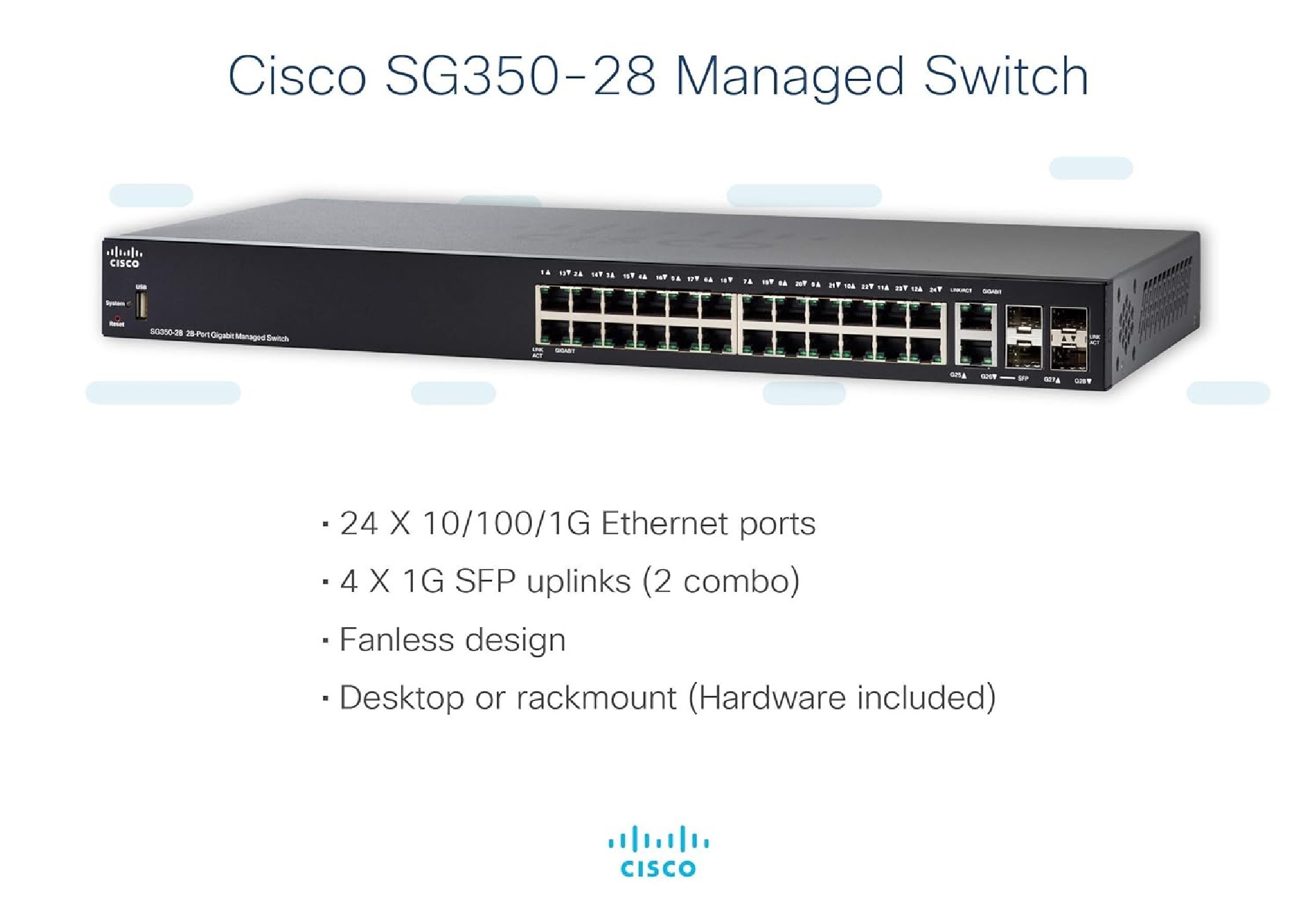 Cisco Sg350-28 - 28-port Managed Switch, 1.73 Inches High, Lightweight At 2.7 Kg, 20.2 X 111.8 X 4.4 Cm Dimensions