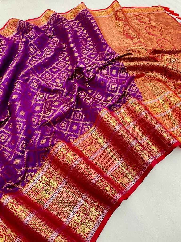 Banarasi Silk Saree - Color: Red And Purple