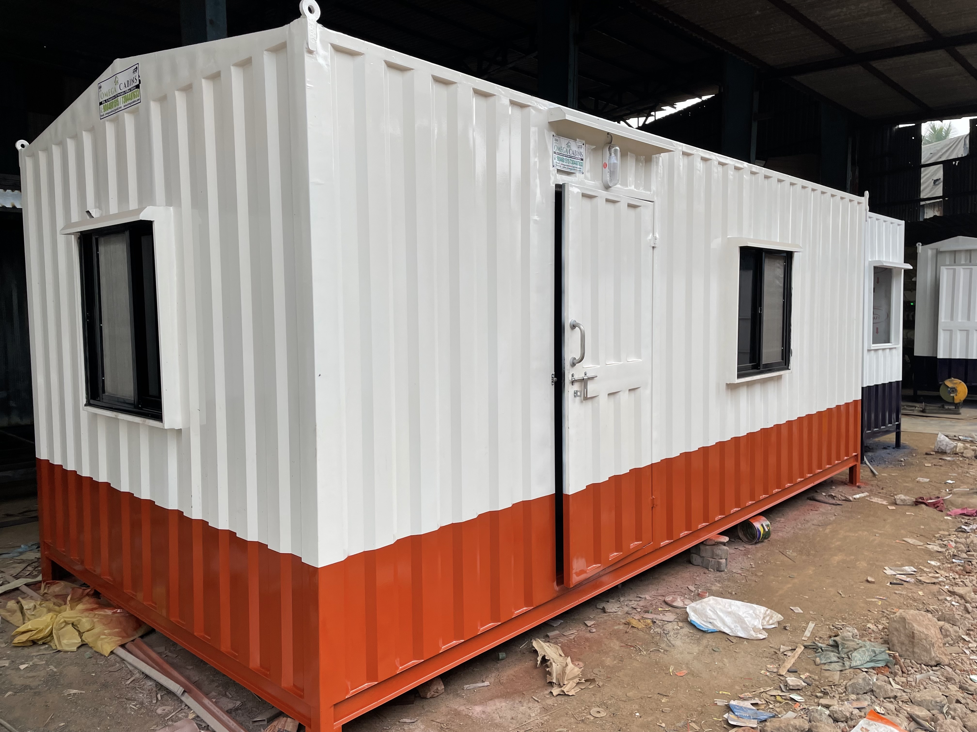 Portable Office Cabin - Steel Material, Long Lifespan, White Brown Color, Swing Door, Three Windows | Customizable Design, Weather-resistant, Multi-purpose Use