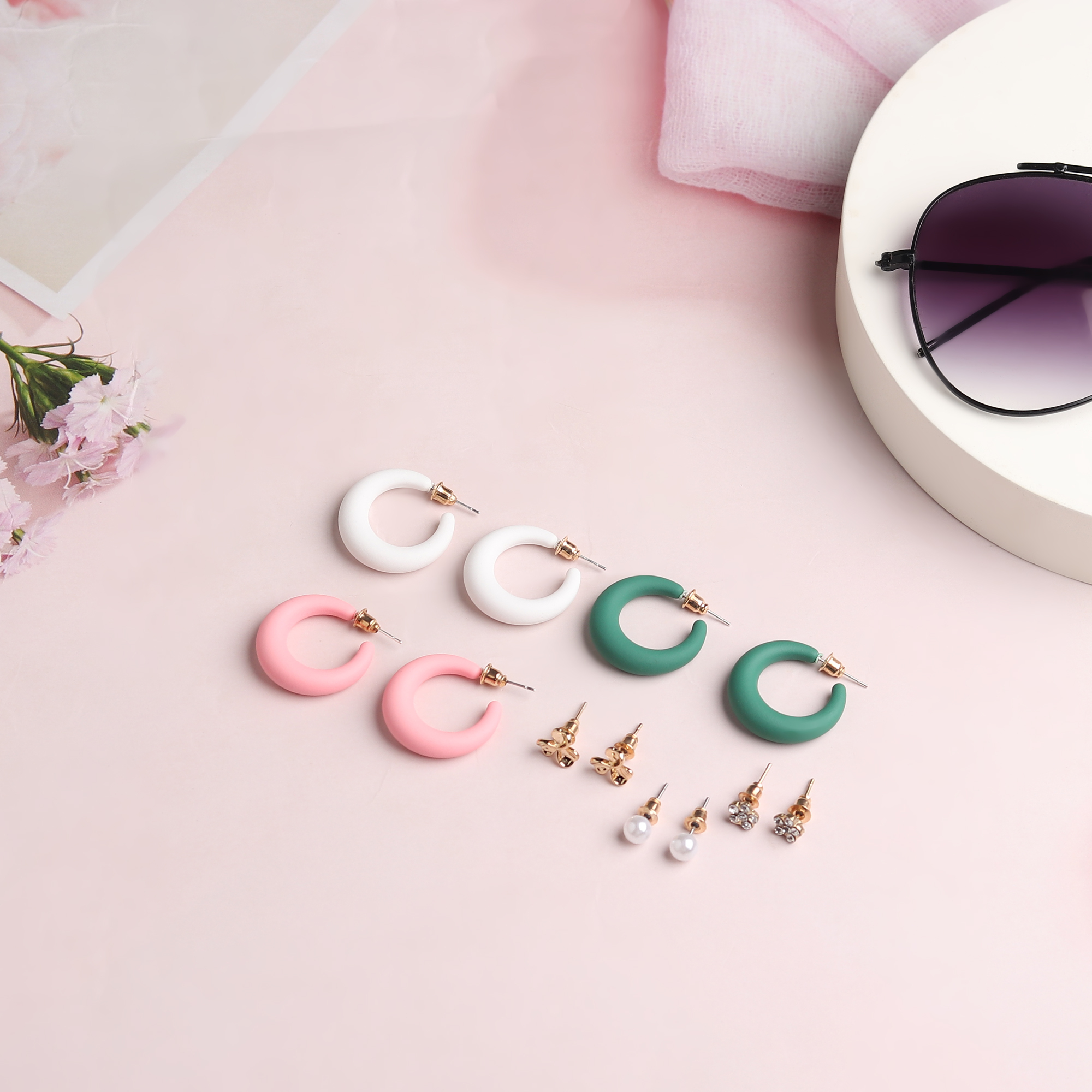 Minimalistic Hoop Earrings - Metal, Small Size | Pink & Peach Enamel, Stylish Hoops, Six Pairs, Versatile For Everyday Elegance