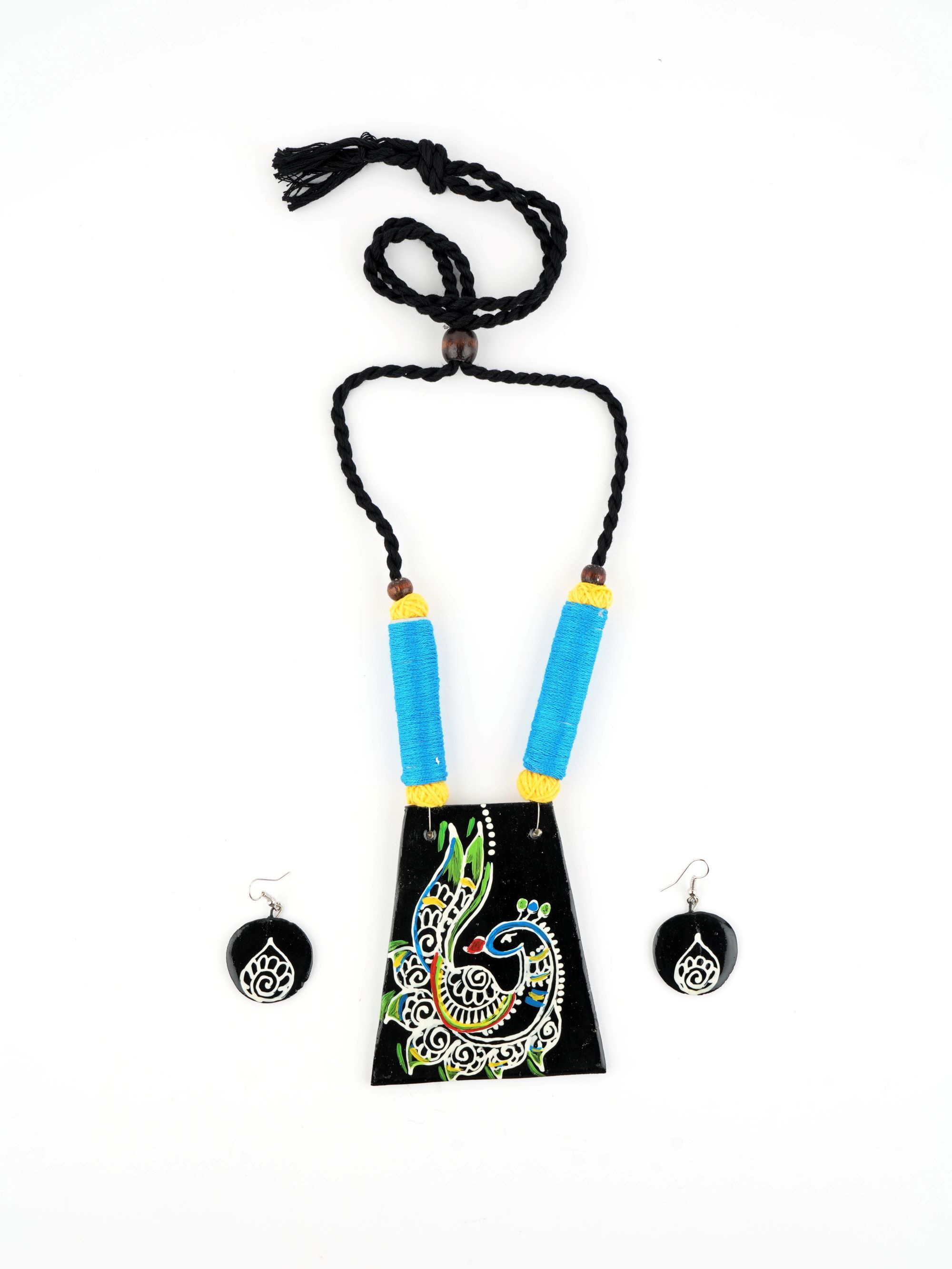 Peacock Ceramic Handmade Necklace With Earrings - 40-45 Cm Length, Green Color | Elegant, Unique, Handmade Jewellery Set, Hand Painted On Canvas