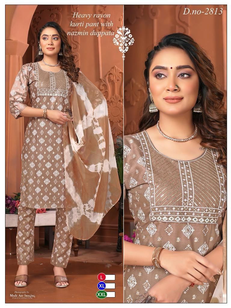 Kurti Pant With Dupatta - Cotton, M L Xl Xxl Sizes, Mix Color, Casual Dress Type, Full Sleeves, Embroidered, Washable, Suitable For All Seasons