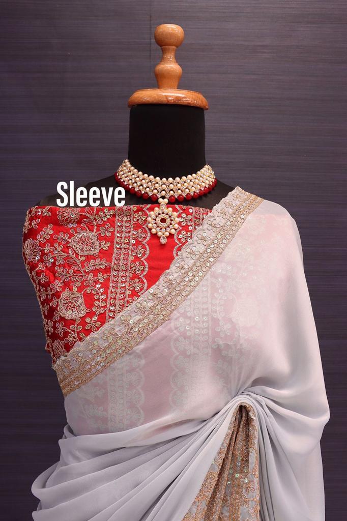 Pure Silk Saree - Rangoli Silk Fabric With Heavy Embroidery And 5mm Rambo Sequence Work, Elegant Formal Traditional Party Wear, Light Grey Color
