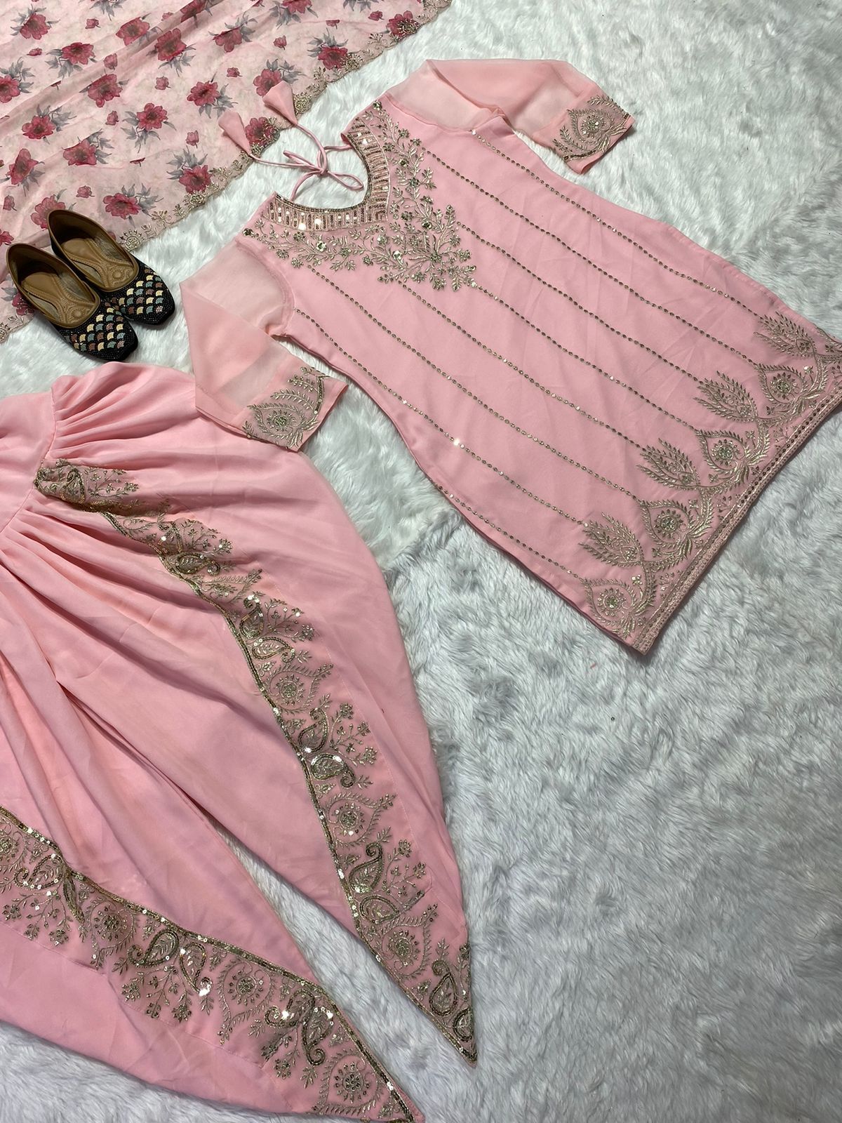 Dhoti Salwar - Faux Georgette Top With Heavy Embroidery, Sizes S34 To Xxl44, Length Top 36-37 Inches, Dhoti 42-43 Inches, Dupatta 2.30 Mtr