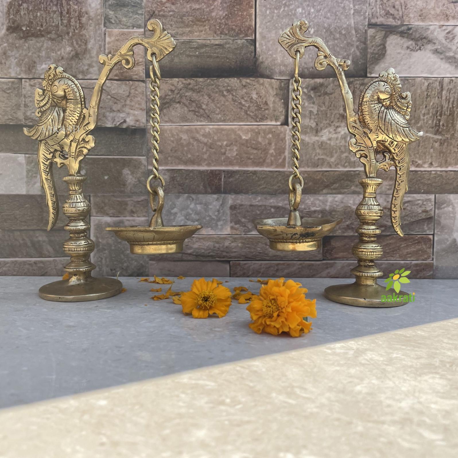 Peacock Diya Stand Brass Appam Deepam Brass Deepak For Temple Mandir Pooja Items - Color: Yellow