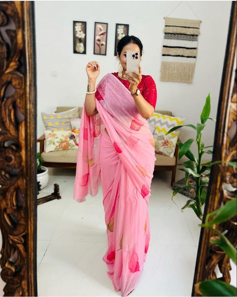 Georgette Saree - Georgette Fabric, 5.5 Mtr Length, White Base With Multicolor Floral Print | Casual Wear, Semi-transparent, Digital Printed Blouse