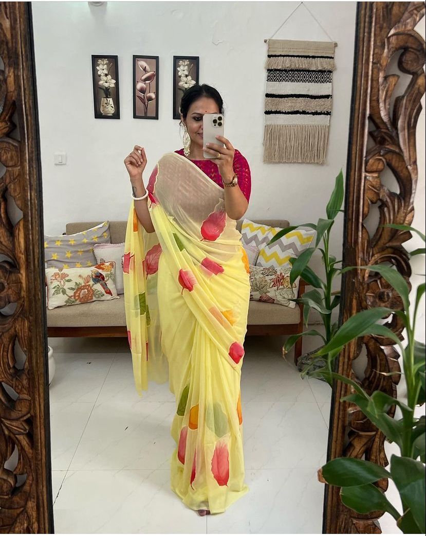 Georgette Saree - Georgette Fabric, 5.5 Mtr Length, White Base With Multicolor Floral Print | Casual Wear, Semi-transparent, Digital Printed Blouse