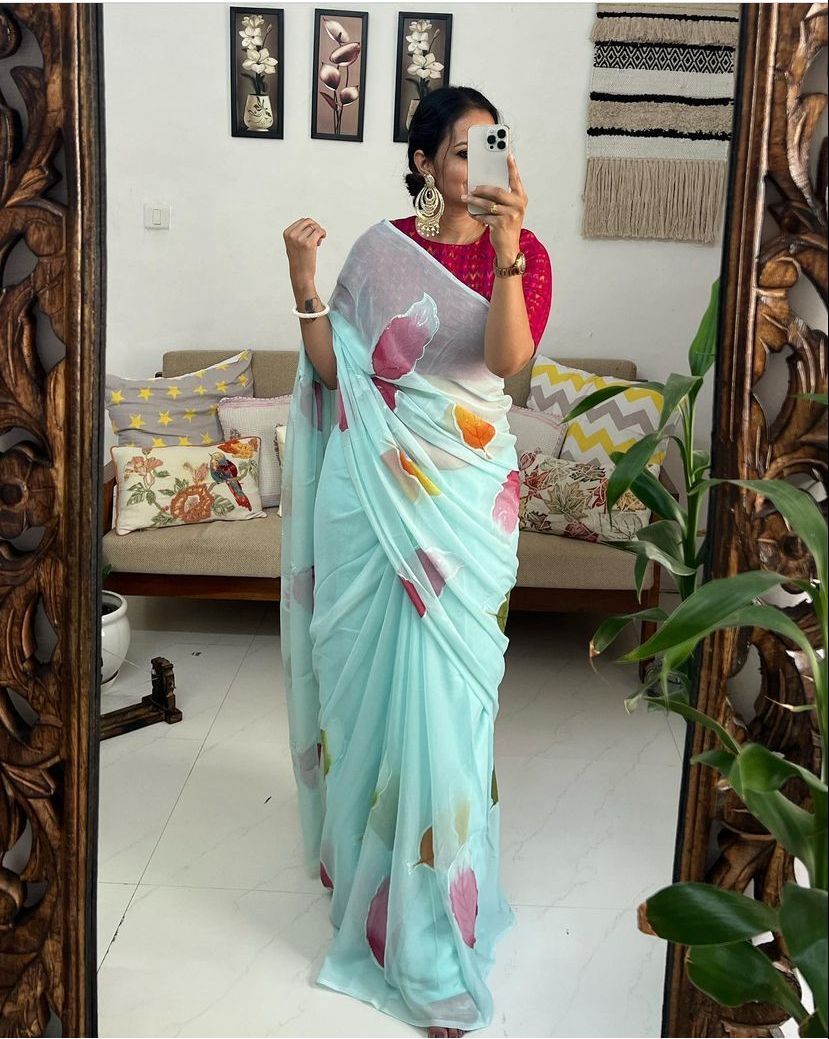 Georgette Saree - Georgette Fabric, 5.5 Mtr Length, White Base With Multicolor Floral Print | Casual Wear, Semi-transparent, Digital Printed Blouse
