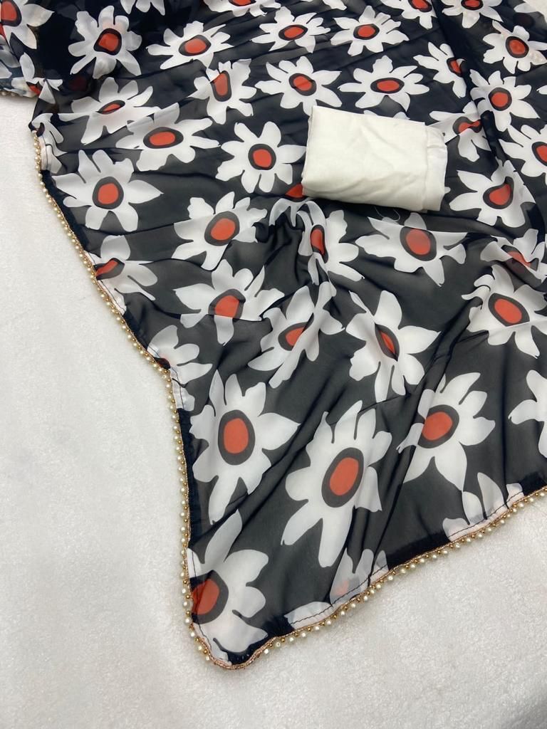 Geeorgette Print Saree-1 - Color: Black