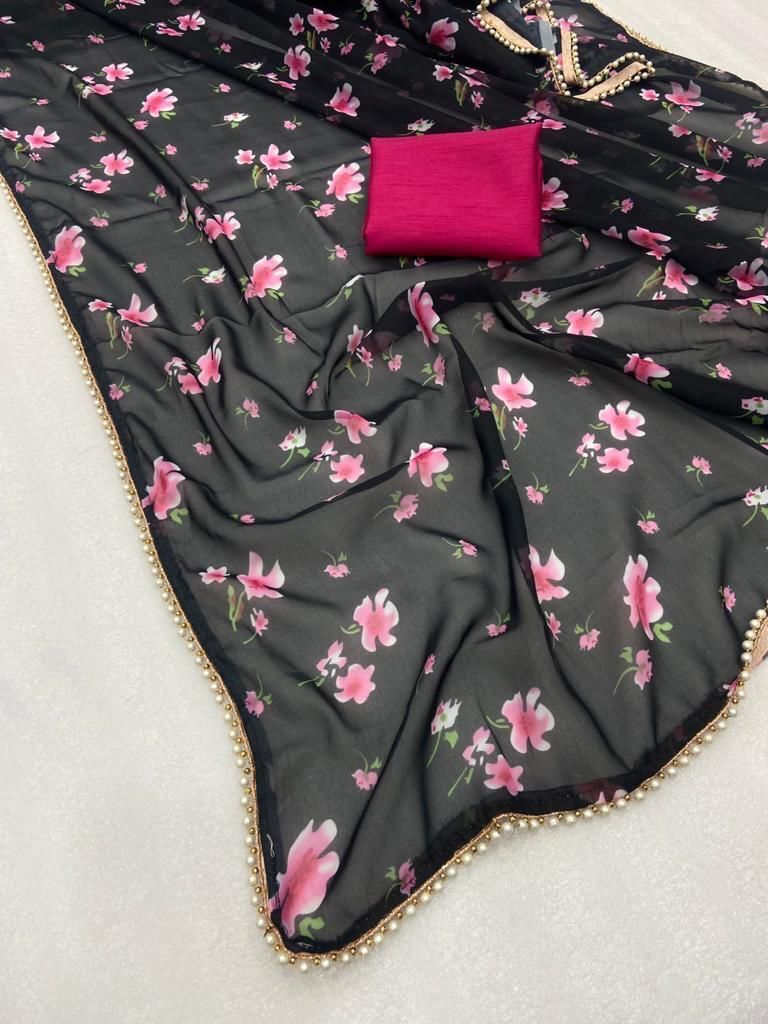 Geeorgette Print Saree-1 - Color: Black