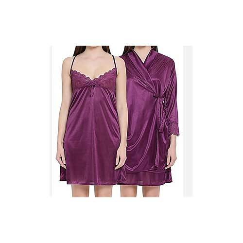 Wine Purple Lace Cut Lounge Wear With Robe