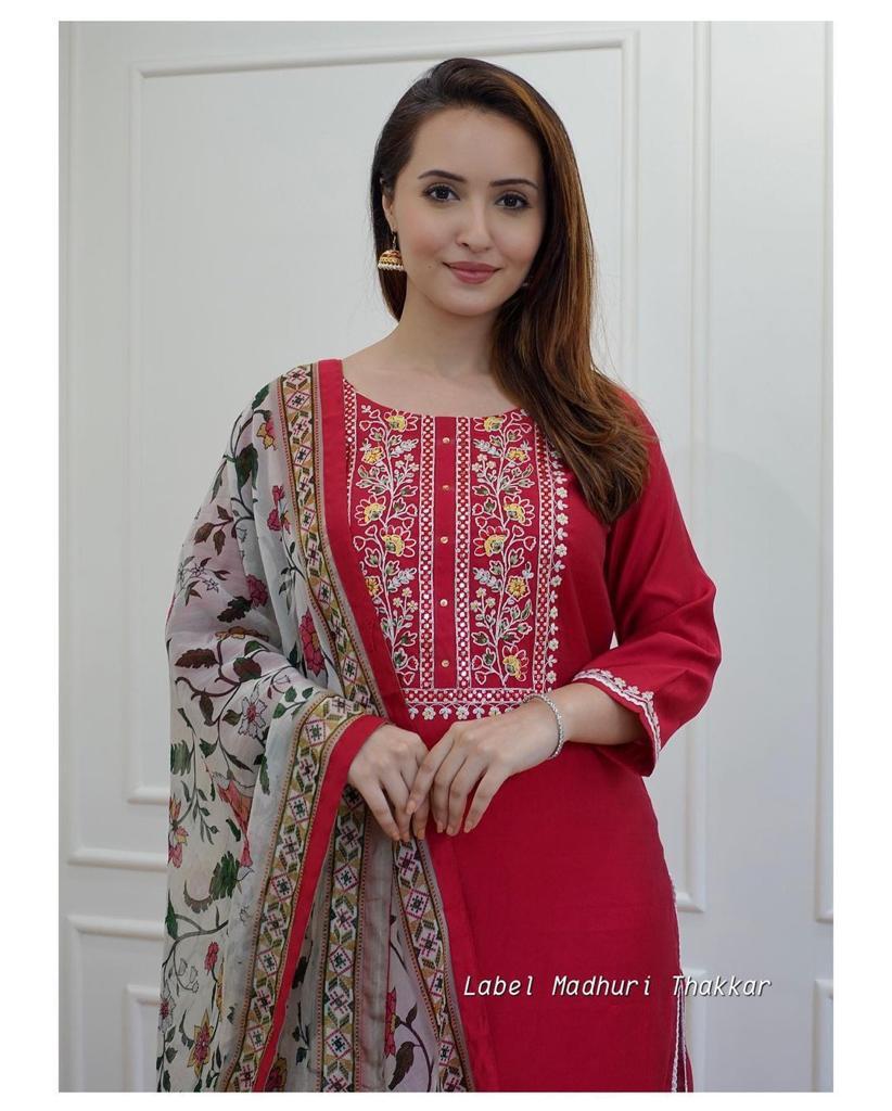 Rayon Kurti Set - Rayon Fabric Top With Rayon Plazo And Embroidered Neckline, Digital Print Dupatta, Size M-xxl, Knee Length, Indian Ethnic Style