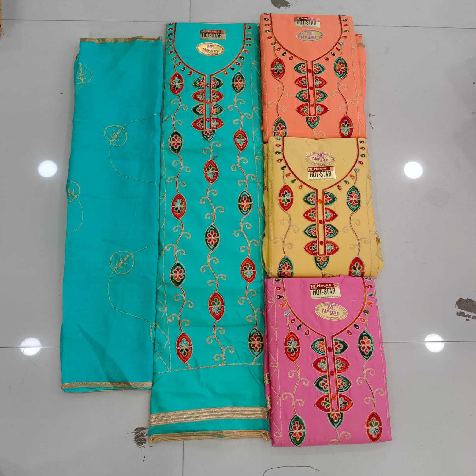 Dress Material - Cotton, Synthetic, Custom Size | Ethnic Indian Trendy Design, All Season Washable, Fancy Variety, Embroidery, Mirror & Jari Work Suits