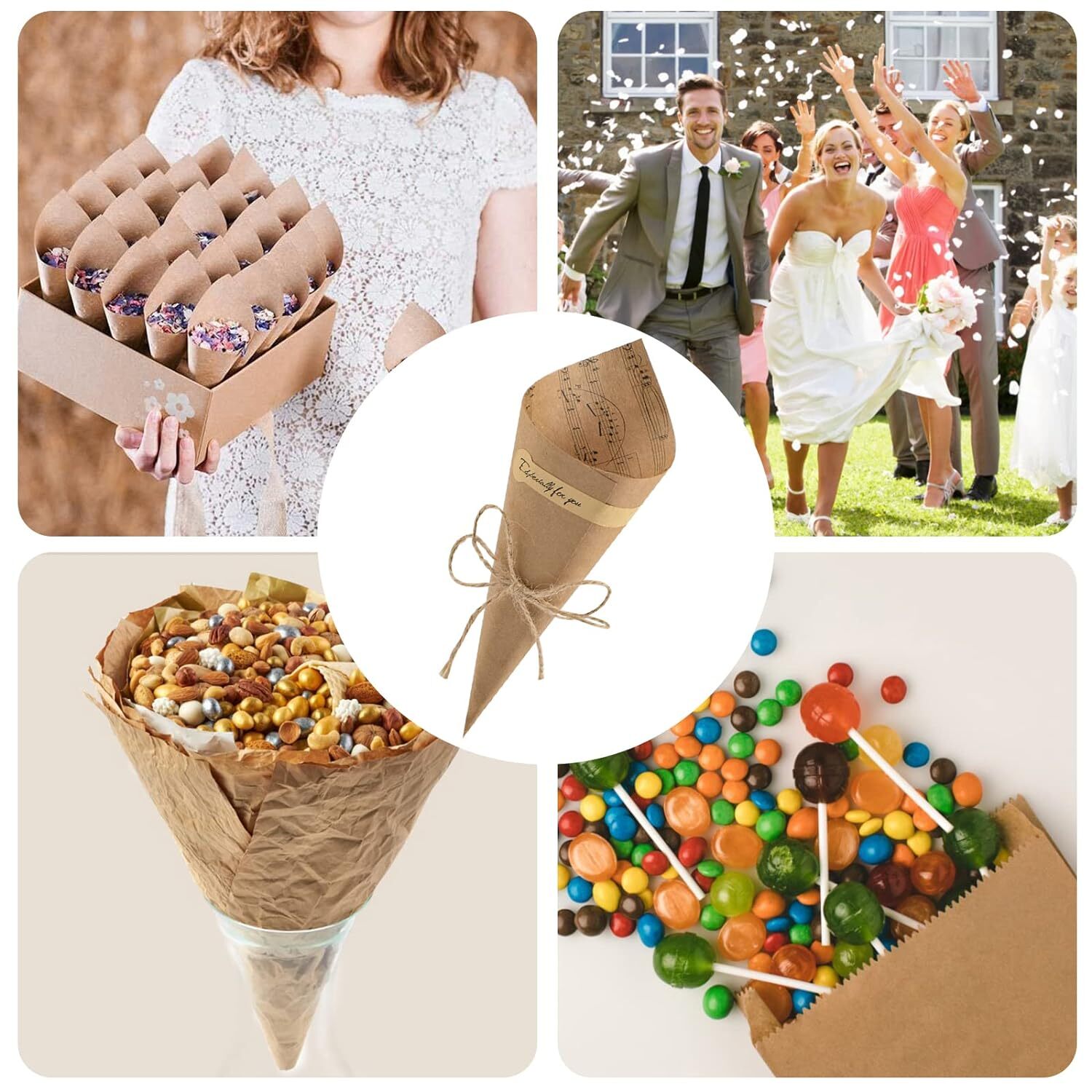 Wedding Confetti Cone Paper - Sturdy Kraft Paper | 1 Wedding Stand Box (11.81"x7.87"x1.97") With 20 Cone Holes & Blank Kraft Paper For Diy Crafts