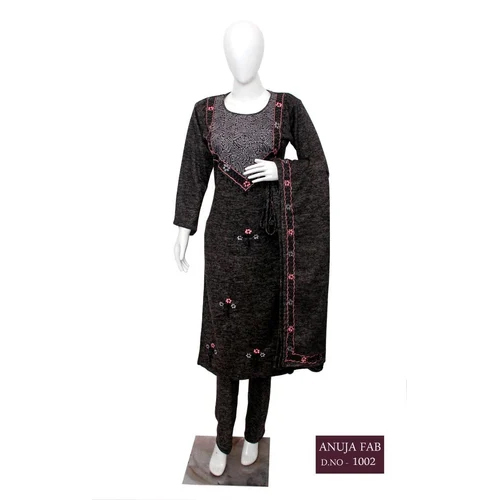 Navy Blue Ladies Woolen Embroidered Black Suit Set