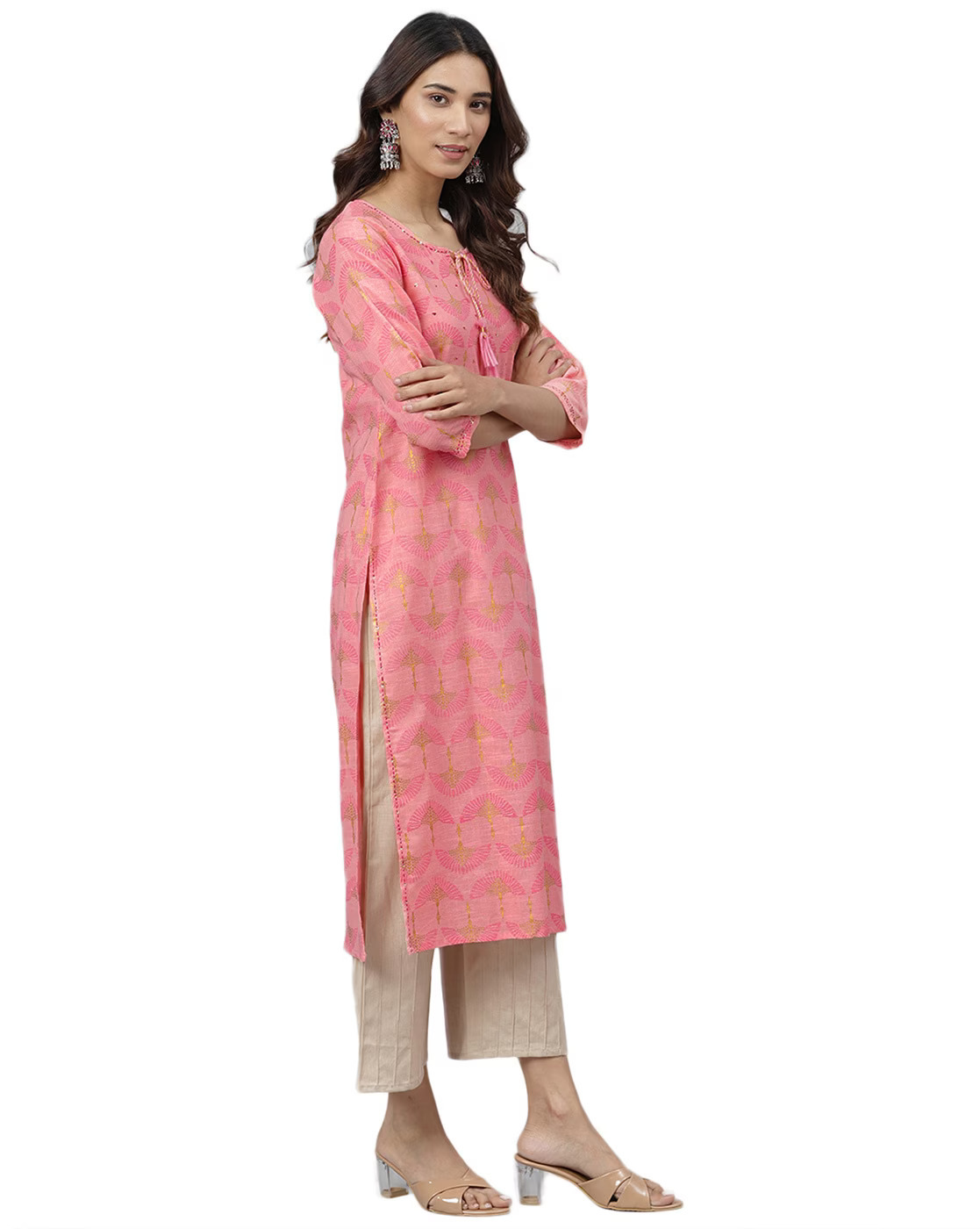 Ladies Kurtis - Cotton, Sizes S-xxl, Pink Color, Full Sleeves, Embroidered Pattern | All Season Washable Round Neck Designer Ethnic Wear