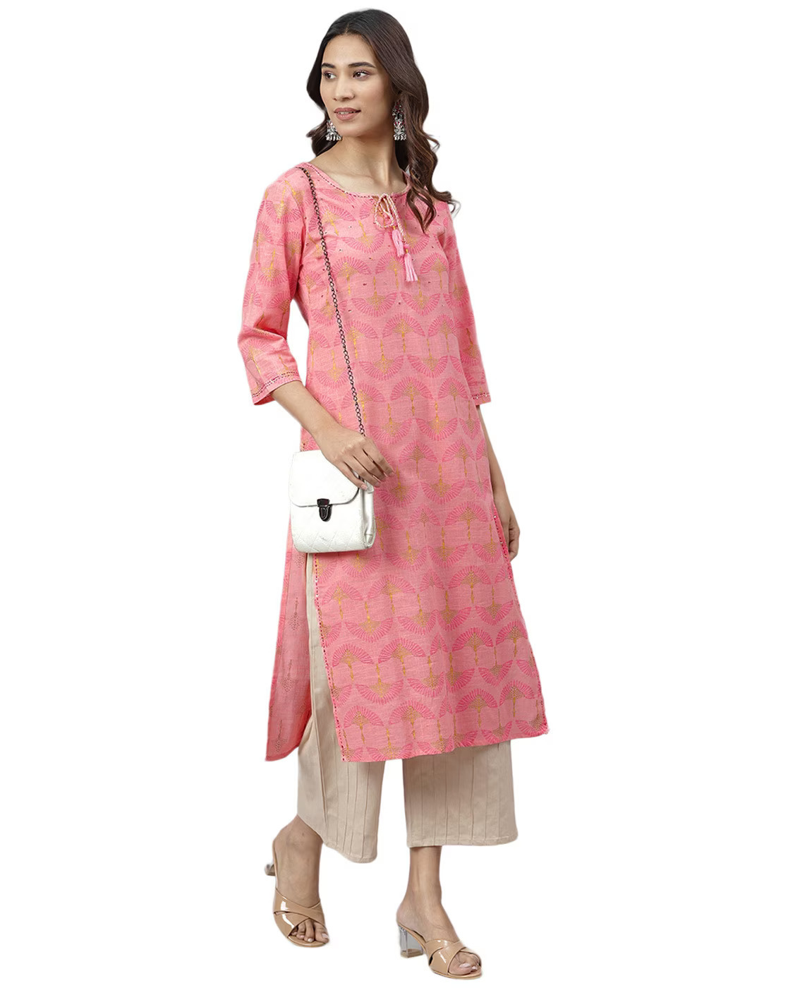 Ladies Kurtis - Cotton, Sizes S-xxl, Pink Color, Full Sleeves, Embroidered Pattern | All Season Washable Round Neck Designer Ethnic Wear
