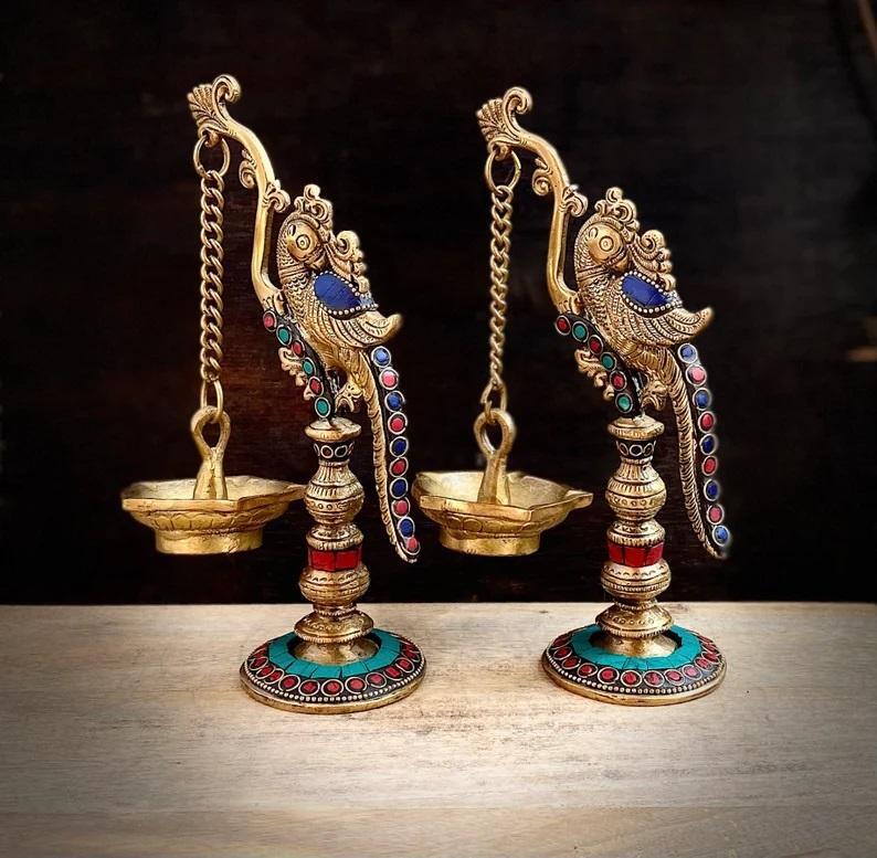 Stone Finish Peacock Diya Stand Brass Appam Deepam Brass Deepak For Temple Mandir Pooja Items Diwali Deepawali