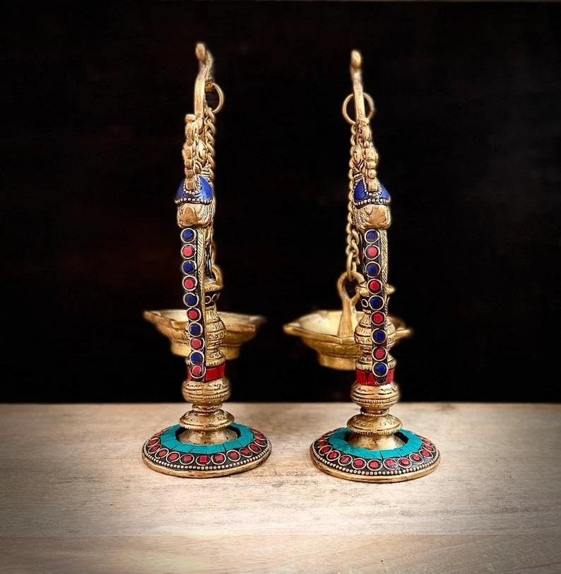 Stone Finish Peacock Diya Stand Brass Appam Deepam Brass Deepak For Temple Mandir Pooja Items Diwali Deepawali