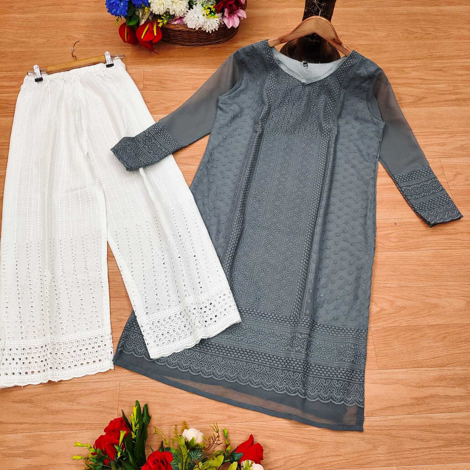 Chikankari Kurti - Georgette Fabric, Free Size, Pink Color | Lightweight, Ethnic Style, Calf Length, 3/4 Sleeves, Chikankari Embroidery