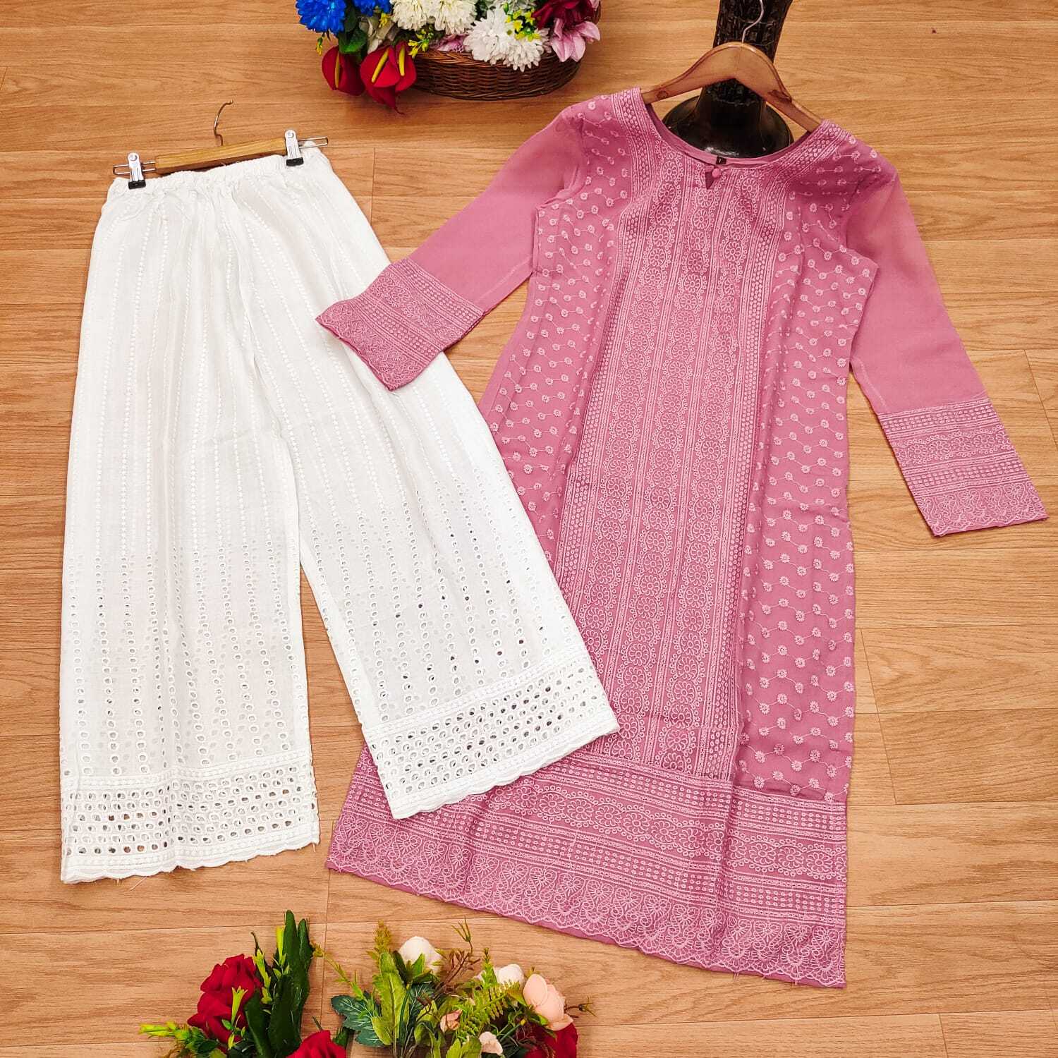 Chikankari Kurti - Georgette Fabric, Free Size, Pink Color | Lightweight, Ethnic Style, Calf Length, 3/4 Sleeves, Chikankari Embroidery
