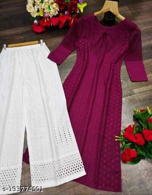 Chikankari Kurti - Georgette Fabric, Free Size, Pink Color | Lightweight, Ethnic Style, Calf Length, 3/4 Sleeves, Chikankari Embroidery