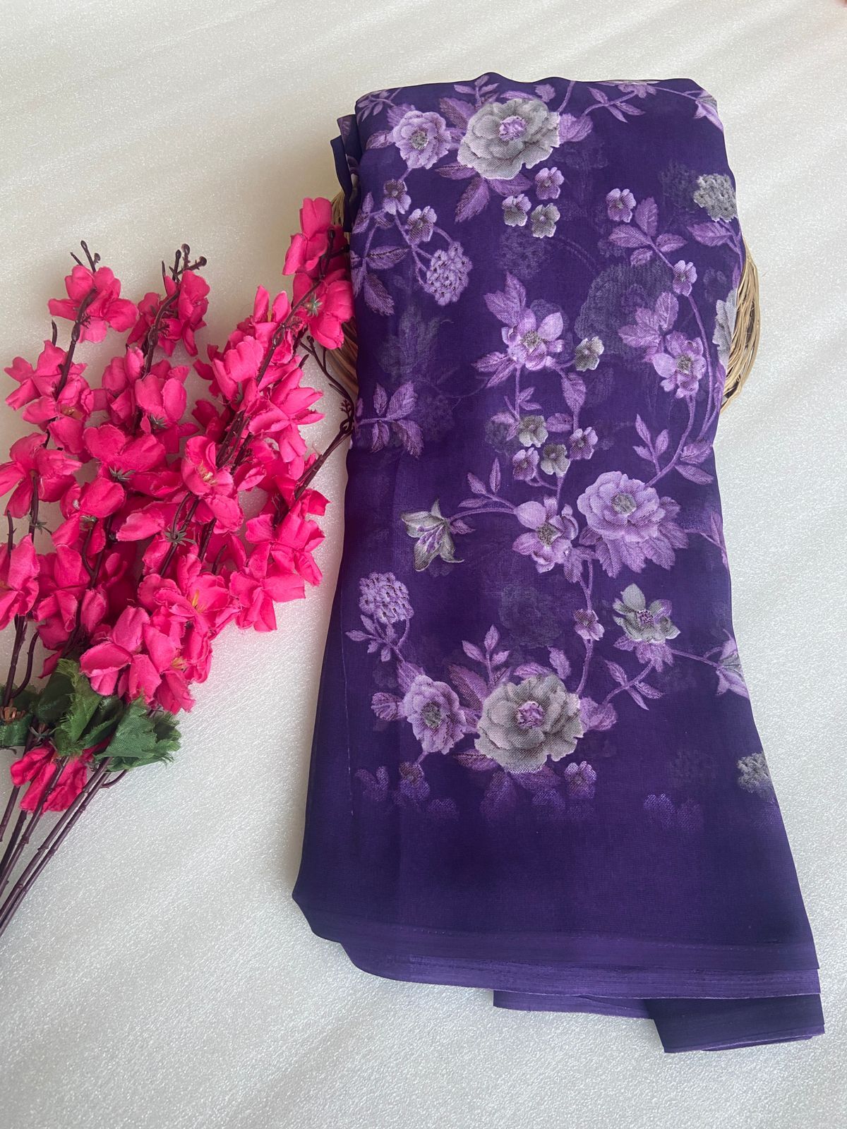 Georgette Printed Saree - 100% Polyester, 5.5 Yards, Black Floral Design | Traditional Indian Attire For Formal Events And Festive Wear