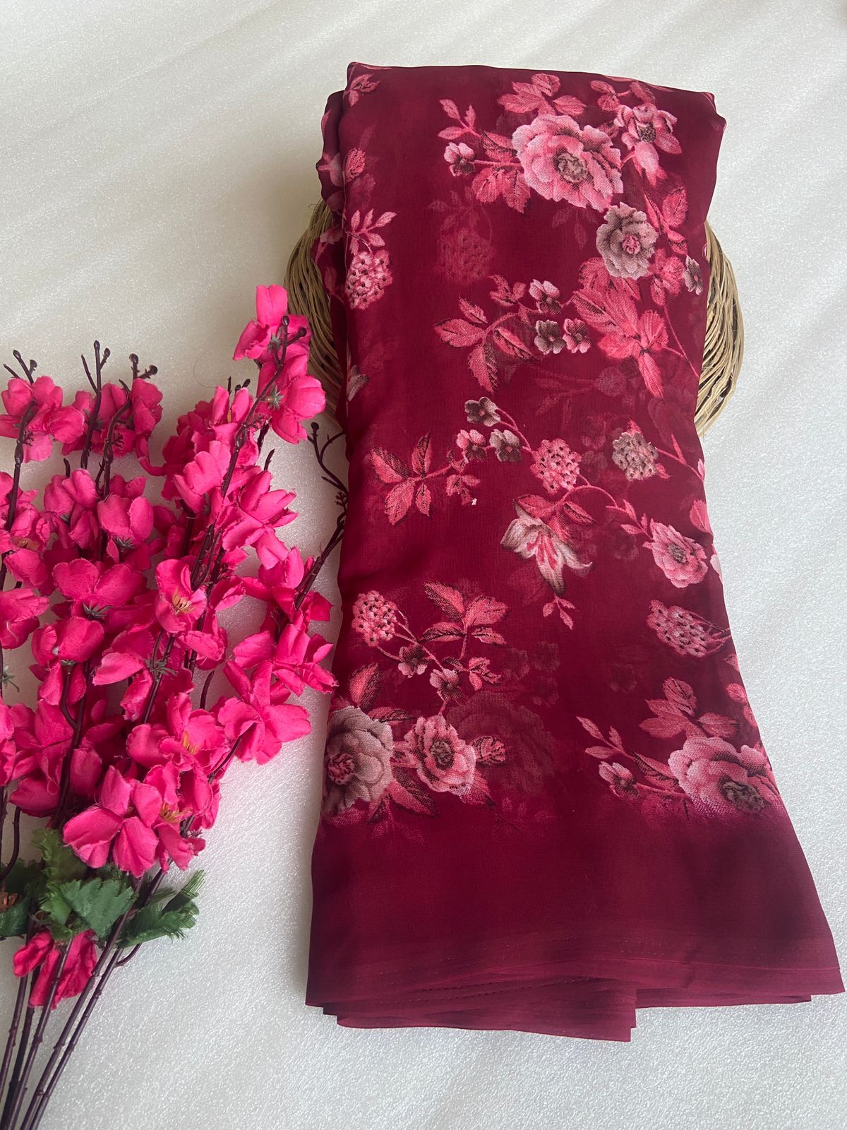 Georgette Printed Saree - 100% Polyester, 5.5 Yards, Black Floral Design | Traditional Indian Attire For Formal Events And Festive Wear