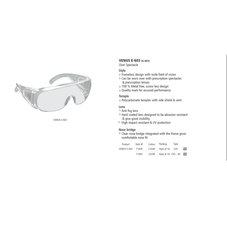 Venus G-103 Chc Over Spectacles - Clear Hard Coated Polycarbonate, Transparent Frame Less Design, 99.9% Uv Protection, Lightweight Nylon Side Arm For Comfort