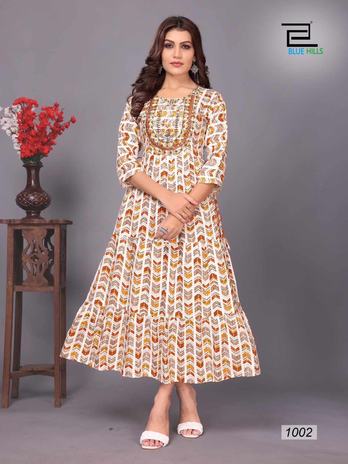 Flair Kurti - Fabric Rayon Print, Style Neck Embroidery Gown | Available Sizes M, L, Xl, Xxl, 3xl, 4xl, 5xl