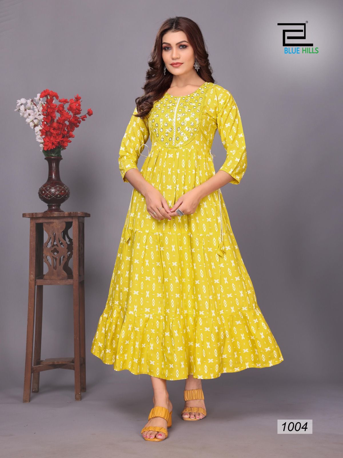 Flair Kurti - Fabric Rayon Print, Style Neck Embroidery Gown | Available Sizes M, L, Xl, Xxl, 3xl, 4xl, 5xl