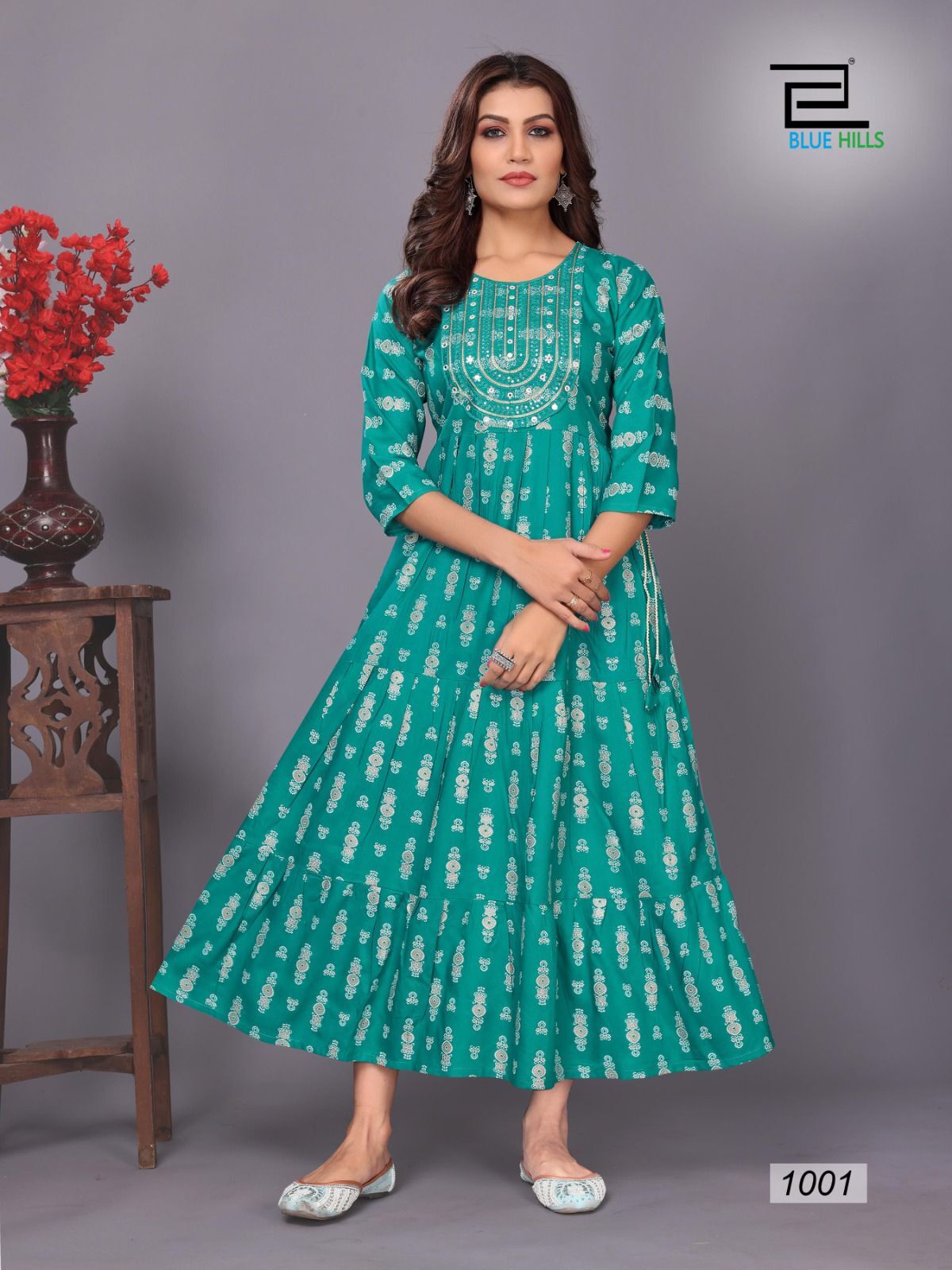 Flair Kurti - Fabric Rayon Print, Style Neck Embroidery Gown | Available Sizes M, L, Xl, Xxl, 3xl, 4xl, 5xl