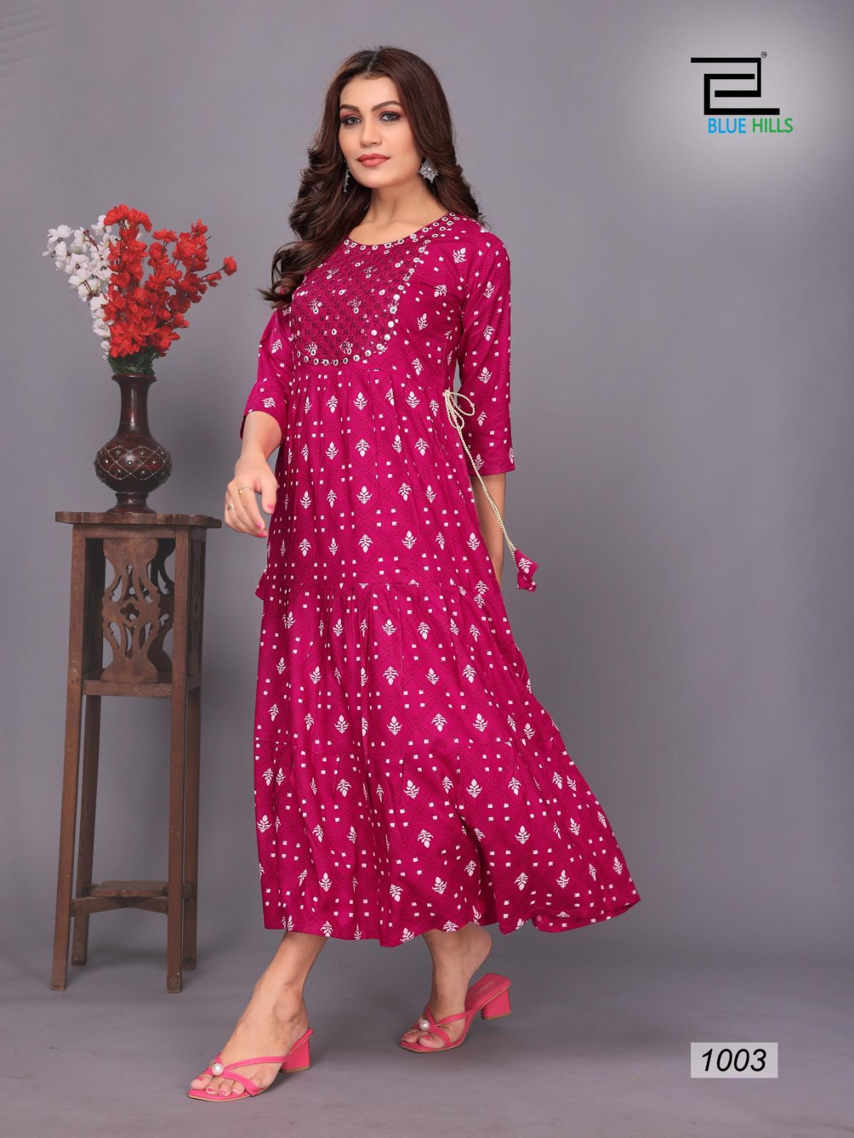 Flair Kurti - Fabric Rayon Print, Style Neck Embroidery Gown | Available Sizes M, L, Xl, Xxl, 3xl, 4xl, 5xl
