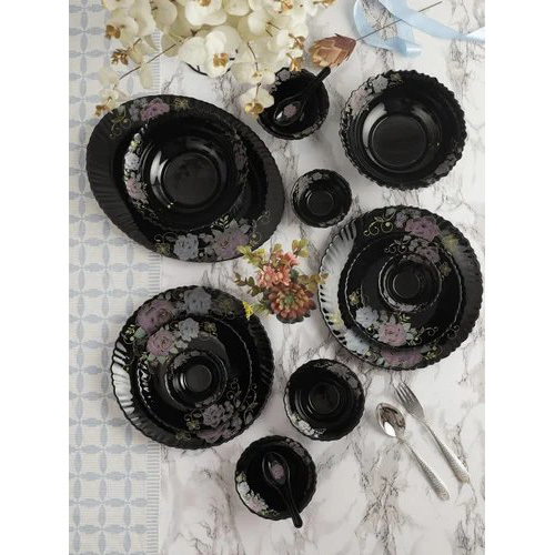 33 PC Black Premium Opalware Feston Shape Colour ful Design Shape Dinner Set, Large