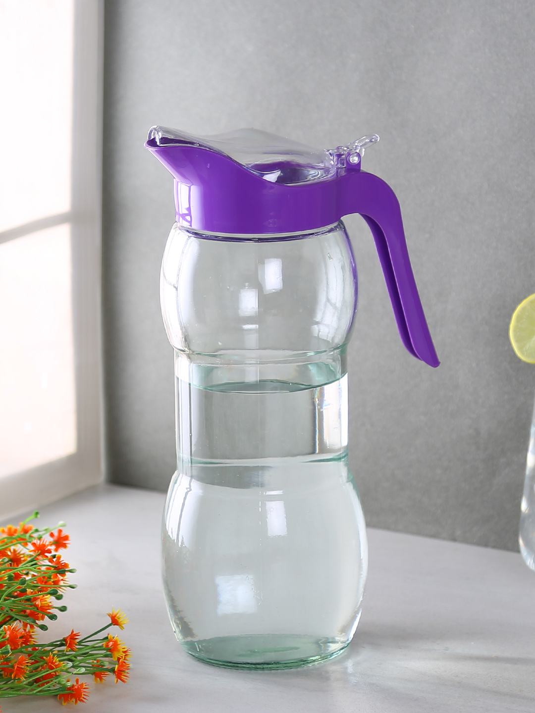 Lisa Jug - 1500ml, Soda Lime Glass, Transparent, Food Grade Quality, Dishwasher Safe, Includes Removable Purple Lid, Ideal For Water, Juices, And Beverages