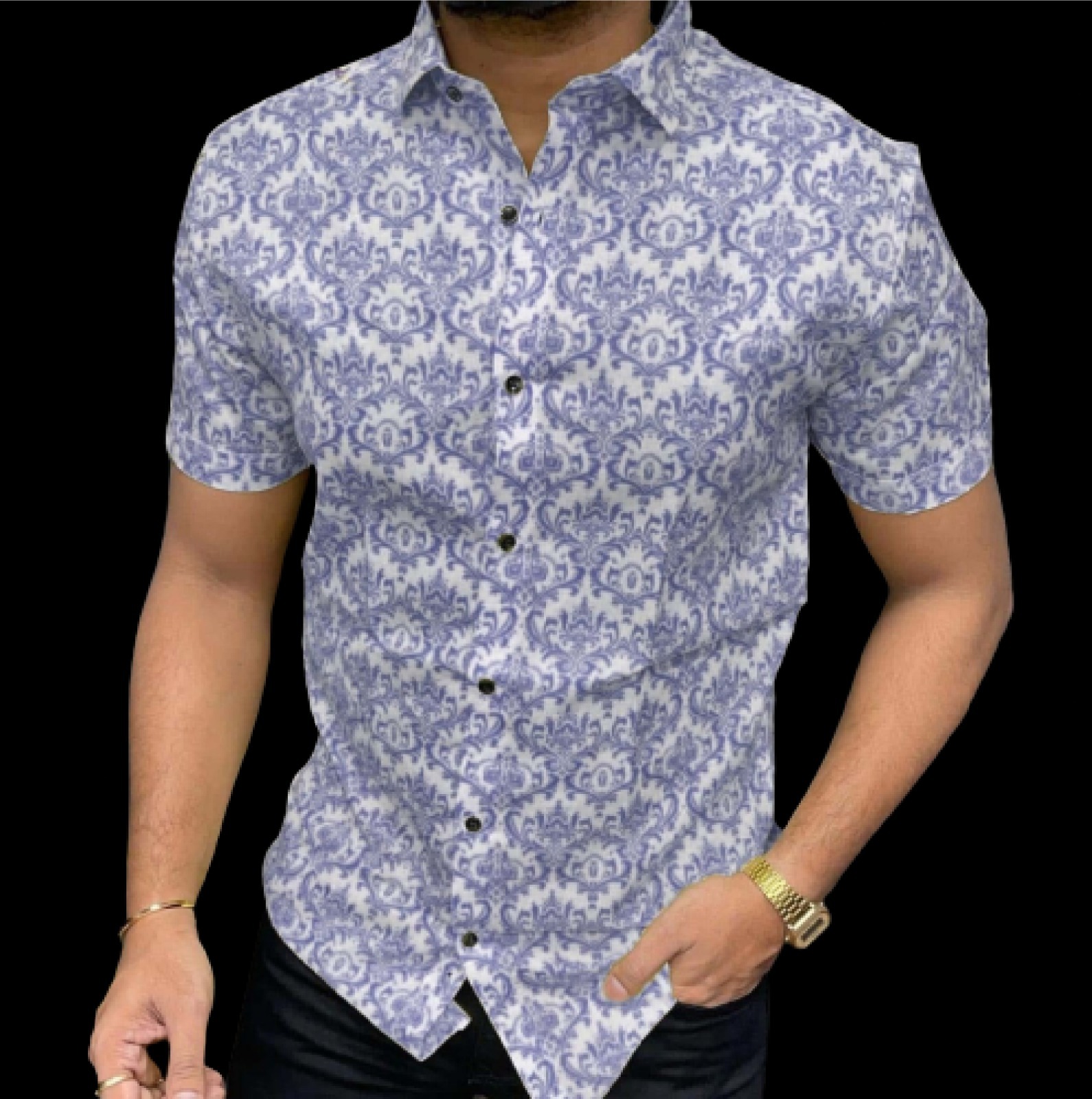 Fancy Mens Cotton Shirt - Polycotton, Size M, Green Color, Spread Collar, Short Sleeves, Button Closure, Floral Pattern, Breathable Fabric | Casual Summer Wear