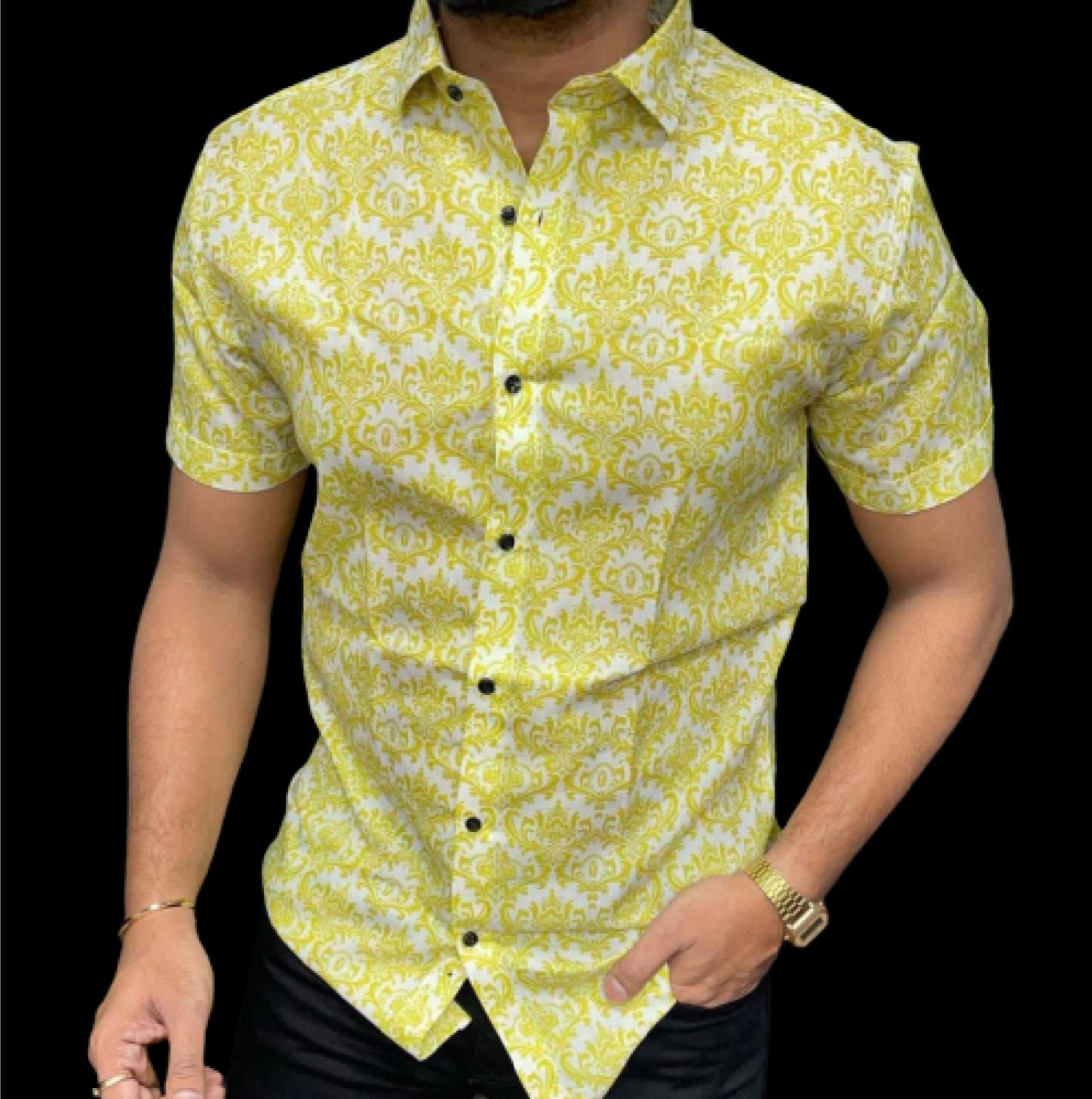 Fancy Mens Cotton Shirt - Polycotton, Size M, Green Color, Spread Collar, Short Sleeves, Button Closure, Floral Pattern, Breathable Fabric | Casual Summer Wear
