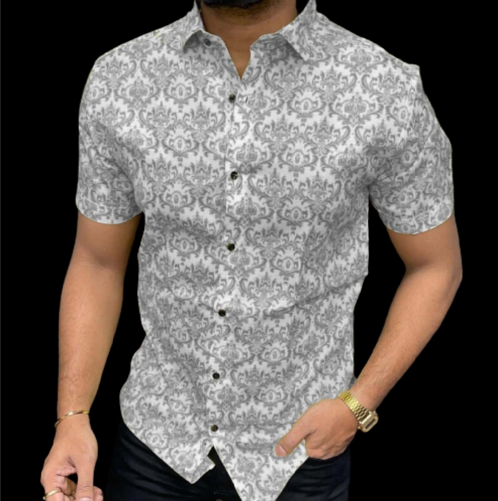 Fancy Mens Cotton Shirt - Polycotton, Size M, Green Color, Spread Collar, Short Sleeves, Button Closure, Floral Pattern, Breathable Fabric | Casual Summer Wear