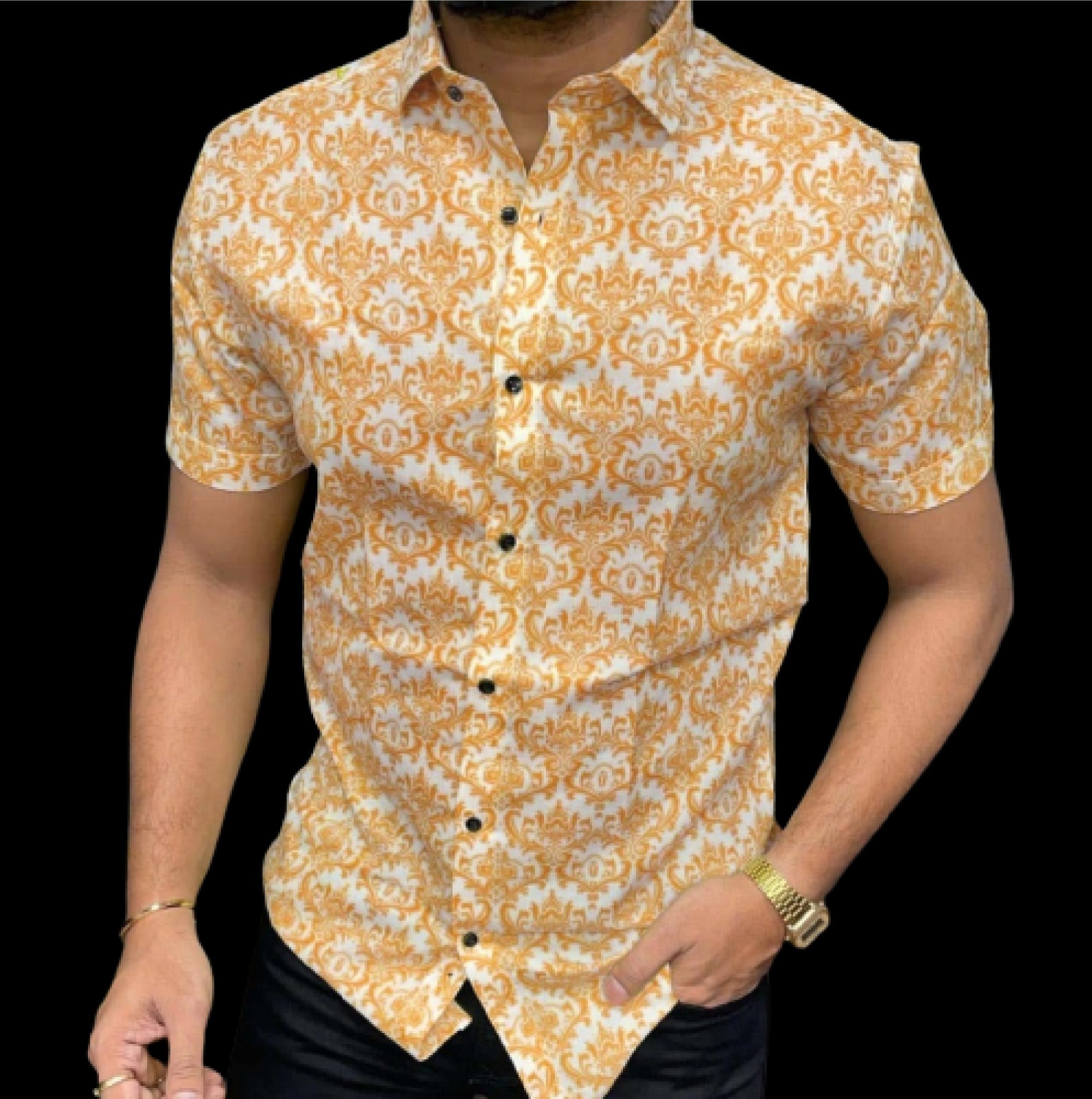 Fancy Mens Cotton Shirt - Polycotton, Size M, Green Color, Spread Collar, Short Sleeves, Button Closure, Floral Pattern, Breathable Fabric | Casual Summer Wear